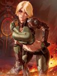  1girl :q armor black_eyes black_pants blonde_hair blurry blurry_background breasts cleavage commentary contrapposto dated doom_(game) doomguy english_commentary facial_scar fire genderswap genderswap_(mtf) georgy_stacker gun hand_on_hip highres holding holding_gun holding_weapon leaning_forward medium_breasts midriff navel pants pentagram scar short_hair solo tongue tongue_out watermark weapon web_address 