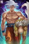  2boys abs angry bald bare_arms bare_shoulders blood bloody_clothes cape carrying carrying_under_arm clenched_hand closed_mouth dragon_ball exposed_muscle gloves highres looking_at_viewer male_focus midriff multiple_boys muscle nipples norman_de_mesa one-punch_man orange_pants pants red_gloves saitama_(one-punch_man) saiyan son_gokuu spiked_hair standing torn_clothes white_cape white_hair wristband 