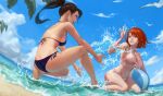  2girls :d ass back ball bangs barefoot beach beachball bikini bird blue_sky breasts brown_hair cloud day dripping eye_contact fisheye front-tie_bikini front-tie_top hand_up high_ponytail highres horizon jrajazon lips long_hair looking_at_another medium_breasts multiple_girls navel ocean one-piece_tan open_mouth orange_eyes original outdoors palm_tree pink_bikini playing ponytail profile purple_bikini red_hair seagull shiny shiny_skin short_hair side-tie_bikini sitting skindentation sky smile soaking_feet splashing swimsuit tan tanline tree underboob water water_drop wet 