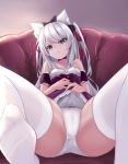  1girl absurdres animal_ear_fluff animal_ears ass azur_lane bare_shoulders black_dress blue_eyes bow cameltoe cat_ears chair choker commentary_request dress dress_lift feet hair_bow hammann_(azur_lane) highres knees_up legs lifted_by_self long_hair panties ribbon showyou silver_hair sitting soles solo spread_legs thighhighs thighs two_side_up underwear white_legwear white_panties 
