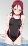  1girl amagai_shou black_swimsuit competition_swimsuit covered_navel cowboy_shot gradient gradient_background grey_background hair_ornament hairclip half_updo highres long_hair looking_at_viewer love_live! love_live!_sunshine!! one-piece_swimsuit poolside red_hair sakurauchi_riko sitting soaking_feet solo swimsuit water yellow_eyes 