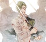  3boys back-to-back blood cuts eyebrows_visible_through_hair eyes_visible_through_hair green_eyes green_hair holding holding_sword holding_weapon injury jacket lips male_focus multiple_boys navel ookanehira_(touken_ranbu) open_clothes open_jacket shokudaikiri_mitsutada simple_background smile sonoda_(daw_sow0) spiked_hair sword torn_clothes touken_ranbu uguisumaru weapon white_background 