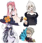  1boy 3girls abigail_williams_(fate/grand_order) ahoge bangs bikini black-framed_eyewear black_bow black_dress black_gloves black_headwear black_panties blue_eyes blue_jacket bow breasts brown_coat closed_mouth coat collarbone dress emoji_censor facial_hair fate/grand_order fate_(series) forehead formal fur-trimmed_jacket fur_trim glasses gloves grey_hair hand_on_own_chin hat jacket james_moriarty_(fate/grand_order) jeanne_d&#039;arc_(alter)_(fate) jeanne_d&#039;arc_(fate)_(all) keyhole large_breasts long_hair long_sleeves looking_at_viewer medb_(fate)_(all) medb_(swimsuit_saber)_(fate) medium_breasts middle_finger multiple_bows multiple_girls mustache navel off_shoulder open_clothes open_jacket open_mouth orange_bow panties parted_bangs pink_hair red_eyes shaded_face short_hair sidelocks silver_hair simple_background small_breasts smile suit swimsuit teshima_nari third_eye tiara tongue tongue_out twintails underwear white_background white_bikini white_hair white_skin wicked_dragon_witch_ver._shinjuku_1999 witch_hat yellow_eyes 