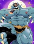  2019 anthro big_muscles black_fangs bulge canid canine canis chest_tuft clothed clothing cowboy_hat crotch_tuft eyewear facial_hair feet fur grey_body grey_fur hat headgear headwear huge_muscles looking_at_viewer low-angle_view male mammal moon muscular muscular_male mustache nipples pink_nipples smile solo sunglasses thymilph topless torn_clothing tuft veiny_muscles were werecanid werecanine werewolf wolf 