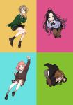  4girls :d :o absurdres arm_up black_bow black_hair black_jacket black_legwear black_skirt blazer blue_eyes bow breast_lift breasts brown_eyes brown_hair brown_skirt clenched_hand earbuds earphones glasses green_sweater grey_legwear hair_ornament hand_up highres jacket large_breasts leaning_forward light_brown_hair multiple_girls open_mouth original pantyhose penny_loafers pink_hair plaid plaid_skirt school_uniform shirt short_hair skirt smile socks sweater white_shirt x_hair_ornament yuu_(higashi_no_penguin) 