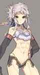  1girl abs bangs bare_shoulders blue_ribbon blunt_bangs breasts brown_eyes elbow_gloves fate/grand_order fate_(series) faulds fingerless_gloves gloves grey_background grey_gloves hair_ribbon half_updo hand_on_hip highres looking_at_viewer muscle muscular_female navel penthesilea_(fate/grand_order) ribbon sidelocks silver_hair simple_background small_breasts solo teshima_nari thighs 