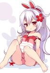  1girl :o animal animal_ears azur_lane baku-p bangs bare_arms bare_legs bare_shoulders barefoot blush breasts bunny_ears casual_one-piece_swimsuit commentary_request covered_nipples crab eyebrows_visible_through_hair flower frilled_swimsuit frills hair_between_eyes hair_down hair_flower hair_ornament hand_up highres laffey_(azur_lane) long_hair one-piece_swimsuit parted_lips red_eyes red_flower shadow silver_hair sitting small_breasts solo strap_slip striped striped_swimsuit swimsuit very_long_hair white_background 