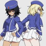  2girls andou_(girls_und_panzer) bangs bc_freedom_(emblem) bc_freedom_military_uniform black_hair blue_headwear blue_jacket blue_vest brown_eyes commentary dark_skin dress_shirt emblem from_behind frown girls_und_panzer grey_background grin hand_on_hip hands_on_hips hat high_collar highres jacket kepi light_blush long_sleeves looking_at_viewer looking_back medium_hair messy_hair military military_hat military_uniform miniskirt multiple_girls oshida_(girls_und_panzer) pleated_skirt shirt simple_background skirt smile standing uasi uniform vest white_shirt white_skirt 