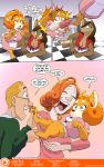  2019 anthro apron big_breasts black_nose blue_eyes breasts brown_body brown_fur brown_hair canid canine canis cleavage clothed clothing comic daisy_(jklind) dialogue dinner domestic_dog female fur group hair herding_dog hi_res human jklind lying mammal mary-anne_(jklind) open_mouth pastoral_dog pawpads post_transformation short_stack size_difference smile surprise welsh_corgi wolf yellow_body yellow_fur 