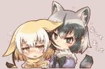  2girls animal_ears black_hair black_neckwear blonde_hair blue_eyes blue_sweater blush bow bowtie commentary_request common_raccoon_(kemono_friends) ears_down extra_ears eyebrows_visible_through_hair fang fennec_(kemono_friends) fox_ears fox_girl fox_tail fur_collar grey_hair hair_in_mouth highres kemono_friends kolshica multicolored_hair multiple_girls nibbling nose_blush pink_sweater puffy_short_sleeves puffy_sleeves raccoon_ears raccoon_girl raccoon_tail short_hair short_sleeves sweater tail translation_request white_hair yellow_eyes yellow_neckwear 