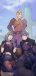  1girl 2boys absurdres armor beard belt black_armor black_gloves black_shorts blue_eyes blue_hair brown_eyes brown_hair bucket byleth_(fire_emblem) byleth_(fire_emblem)_(female) byleth_(fire_emblem)_(male) cat closed_mouth dagger facial_hair father_and_daughter father_and_son fire_emblem fire_emblem:_three_houses fish gloves highres holding jeralt_reus_eisner kneeling medium_hair multiple_boys open_mouth pantyhose sheath sheathed short_hair shorts squatting velahka weapon 