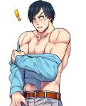  ! 1boy abs adonis_belt belt biceps blue_eyes blue_hair boku_no_hero_academia chest chikiojisan clenched_teeth collarbone iida_tenya long_sleeves male_focus muscle navel pectorals pulled_by_self simple_background solo sweat teeth undressing white_background 