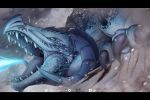  2019 ambiguous_gender black_bars blue_body blue_eyes blue_scales curved_horn digital_media_(artwork) dragon feral fire hi_res horn open_mouth scales sharp_horns teeth tongue valkoinen 