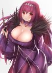 1girl bangs blush breasts cleavage detached_collar dress fate/grand_order fate_(series) feather_trim hair_between_eyes headpiece highres holding holding_wand jewelry john_zhang large_breasts long_hair long_sleeves looking_at_viewer pantyhose pendant purple_dress purple_hair purple_legwear red_eyes scathach_(fate)_(all) scathach_skadi_(fate/grand_order) simple_background solo tiara wand white_background wide_sleeves 