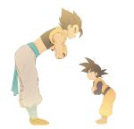  2boys age_difference baggy_pants black_eyes black_footwear black_hair blurry depth_of_field dougi dragon_ball dragon_ball_super_broly dragon_ball_z from_side full_body gogeta happy leaning leaning_forward libeuo_(liveolivel) long_sleeves looking_at_another looking_down looking_up male_focus multiple_boys muscle own_hands_together pants profile simple_background smile son_goten spiked_hair standing waistcoat white_background white_pants wristband 