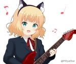  1girl :d animal_ear_fluff animal_ears aqua_eyes bangs beamed_eighth_notes black_hairband blazer blonde_hair blue_jacket blush cat_ears collared_shirt commentary_request eighth_note eyebrows_visible_through_hair fake_animal_ears fender_mustang gochuumon_wa_usagi_desu_ka? gun hairband holding holding_gun holding_weapon jacket kirima_sharo looking_at_viewer miicha musical_note neck_ribbon open_mouth quarter_note red_ribbon ribbon school_uniform shirt simple_background smile solo twitter_username upper_body weapon white_background white_shirt 