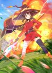  1girl bandaged_leg bandages belt black_belt blush button_eyes cape collar dress explosion flat_chest hat highres holding holding_staff kono_subarashii_sekai_ni_shukufuku_wo! megumin mikazuki_akira! mismatched_legwear orange_footwear red_dress red_eyes short_hair_with_long_locks single_thighhigh staff thighhighs witch_hat 