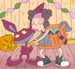  aaahh!!!_real_monsters bigtyme black_eyes brown_hair clothing eyes_closed female food fruit hair halloween hi_res holidays ickis jack-o&#039;-lantern kissing laundry_hamper_girl male nickelodeon on_model plant pumpkin purple_body purple_skin smile streamers underwear underwear_on_head yellow_sclera 