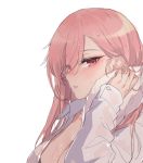  1girl bangs blush breasts cleavage collared_shirt eyebrows_visible_through_hair eyes_visible_through_hair girls_frontline hair_between_eyes holding holding_towel jingo long_hair looking_at_viewer medium_breasts negev_(girls_frontline) open_clothes open_shirt parted_lips pink_hair red_eyes shirt simple_background solo towel upper_body wet wet_clothes white_background white_shirt wiping_face 