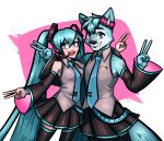  2019 anthro armwear blue_body blue_eyes blue_fur bottomwear canid canine clothed clothing cosplay crossdressing duo female fox fur fur_markings gesture hatsune_miku hi_res human legwear looking_at_viewer male mammal markings necktie roflfox seidurs_(artist) shirt skirt smile thigh_highs topwear v_sign vocaloid 