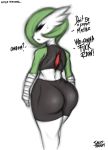  2019 anthro athletic big_butt bottomwear butt clothed clothing dialogue digital_media_(artwork) english_text female gardevoir hair hi_res humanoid looking_back mammal muscular nintendo not_furry pants pok&eacute;mon pok&eacute;mon_(species) saltyxodium signature simple_background solo solo_focus text topwear video_games 