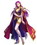  1girl armor boots breasts brunnya_(fire_emblem) cape circlet cleavage earrings elbow_gloves fire_emblem fire_emblem:_the_binding_blade fire_emblem_heroes full_body gloves highres jewelry large_breasts lipstick long_hair makeup official_art purple_eyes purple_hair side_slit solo thigh_boots thighhighs transparent_background yoneko_okome99 
