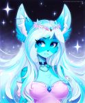 2019 absurd_res anthro blue_body blue_fur breasts canid canine clothed clothing digital_media_(artwork) eyebrows eyelashes female fur hair hi_res koveliana mammal smile solo white_hair 