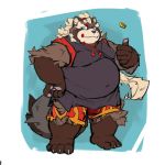  2019 anthro belly bonbonbear bottomwear brown_body brown_fur canid canine clothing fur goemon_(tas) male mammal overweight overweight_male raccoon_dog shirt shorts solo tanuki tokyo_afterschool_summoners topwear video_games 