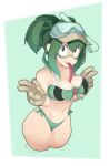  1girl absurdres asui_tsuyu bare_shoulders between_breasts bikini boku_no_hero_academia breasts cleavage double_v eyebrows_visible_through_hair gloves green_bikini green_eyes green_hair highres hot_vr long_tongue looking_at_viewer simple_background snorkel solo swimsuit tongue v very_long_tongue 