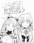  2girls age_progression breasts cleavage closed_eyes closed_mouth earrings fire_emblem fire_emblem:_three_houses greyscale hair_ornament hand_on_another&#039;s_head height_conscious height_difference hilda_valentine_goneril jewelry long_hair lysithea_von_ordelia monochrome multiple_girls onigiri_kue open_mouth ponytail simple_background smile twintails white_background 