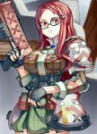  1girl absurdres breast_pocket breasts glasses gloves gun hair_ornament highres holding large_breasts minerva_victor open_mouth pocket red_eyes red_hair ryukenden senjou_no_valkyria senjou_no_valkyria_4 shoulder_armor solo weapon 