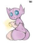  2019 anthro armwear big_butt blue_eyes blush bra butt clothed clothing digital_media_(artwork) elbow_gloves english_text female gloves handwear hi_res humanoid jewelry legwear looking_at_viewer looking_back necklace nintendo not_furry open_mouth panties pink_body pok&eacute;mon pok&eacute;mon_(species) sableye saltyxodium signature simple_background sitting solo solo_focus text thick_thighs thigh_highs underwear video_games wide_hips 