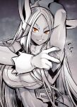  1girl animal_ears armpits boku_no_hero_academia breasts commentary_request forehead gloves greyscale highres kupaa large_breasts long_hair looking_at_viewer mirko monochrome rabbit_ears rabbit_girl red_eyes solo spread_armpit takatsuki_ichi upper_body 