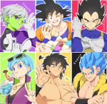  2girls 4boys ;d adjusting_clothes adjusting_gloves aqua_hair armor black_background black_bra black_eyes black_hair blue_background blue_eyes blue_hair blue_nails bra breasts broly_(dragon_ball_super) bulma character_name cheelai chest_scar cleavage clenched_teeth close-up commentary crazy_straw crossed_arms cup dougi dragon_ball dragon_ball_super dragon_ball_super_broly dragon_ball_z drink drinking drinking_straw earrings english_commentary eyelashes eyewear_on_head facial_scar fingernails food food_on_face frown glasses gloves gogeta green-framed_eyewear green_background green_jacket green_skin grey_hair grin gun handgun head_tilt holding holding_cup holding_food holding_gun holding_weapon ice ice_cube jacket jewelry libeuo_(liveolivel) long_hair looking_at_viewer looking_away medium_breasts multiple_boys multiple_girls necklace nipples ok_sign one_eye_closed open_mouth pectorals pink_background pistol purple_background purple_eyes purple_jacket scar scar_on_cheek shiny shiny_hair shirtless short_hair simple_background smile son_gokuu spiked_hair super_saiyan_blue teeth two-tone_jacket underwear upper_body v vegeta very_long_hair waistcoat weapon white_gloves wristband yellow_background 