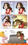  ! 2017 anthro apron big_breasts blonde_hair bottomwear breasts brown_body brown_fur brown_hair canid canine cleavage clothed clothing comic daisy_(jklind) dialogue duo female fur hair human human_to_anthro jklind mammal mary-anne_(jklind) open_mouth ponytail short_stack shorts simple_background sneeze species_transformation surprise transformation were werecanid werecanine werewolf 