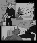  bdsm beastars canid canine canis cervid cervine clothed clothing collar comic dialogue hi_res leash leash_pull legosi_(beastars) louis_(beastars) male male/male mammal monochrome nekokat42 petplay red_deer roleplay size_difference small_dom_big_sub submissive submissive_male suit teenager topless wolf young 
