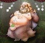  2019 anthro balls belly big_balls blush brown_body brown_fur canid canine censored fur goemon_(tas) hi_res humanoid_hands male mammal moobs mumimushu5 nipples overweight overweight_male raccoon_dog solo tanuki tokyo_afterschool_summoners video_games 