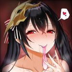  1girl after_sex azur_lane black_hair blush collarbone condom condom_in_mouth cum cum_on_body cum_on_fingers cum_on_upper_body hair_between_eyes hair_ornament heart heart-shaped_pupils long_hair looking_at_viewer mouth_hold osoishoya portrait red_background red_eyes saliva simple_background solo spoken_heart steam sweat symbol-shaped_pupils taihou_(azur_lane) twintails used_condom 