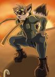  2008 clothed clothing footwear jacket ladder male mammal orange_eyes procyonid raccoon scarf seelas solo sunset topwear 