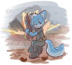  2017 canid canine cool_guys_don&#039;t_look_at_explosions explosion gun looking_at_viewer male mammal ranged_weapon secretkitsune solo weapon 