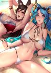  2girls absurdres ahri animal_ears arcade_sona armpits arms_behind_head bare_shoulders beach bikini black_hair blue_eyes blue_hair blue_nails blush breasts cian_yo criss-cross_halter day eyewear_on_head facial_mark fox_ears halterneck highres jewelry large_breasts league_of_legends long_hair looking_at_viewer lying multicolored_hair multiple_girls navel on_back open_mouth outdoors paid_reward sand smile spread_legs stomach sunglasses swimsuit twintails wet whisker_markings white_bikini wristband yellow_eyes 