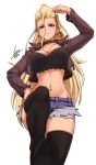  1girl absurdres airisubaka artist_name black_jacket black_legwear blonde_hair breasts cleavage commentary commission copyright_request denim denim_shorts highres holding jacket large_breasts long_hair long_sleeves navel navel_piercing piercing purple_eyes short_shorts shorts simple_background smile solo thighhighs white_background 