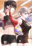  :o ball bare_shoulders black_hair black_shorts blush breasts ceiling_light clothes_lift commentary_request cowboy_shot elbow_pads gym hair_tie hand_on_hip highres holding holding_ball indoors kfr large_breasts lifted_by_self long_hair looking_at_viewer navel number open_mouth original ponytail purple_eyes shorts sidelocks silver_hair sleeveless stomach sweat toned volleyball volleyball_net wiping_sweat yellow_eyes 