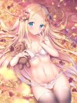  1girl abigail_williams_(fate/grand_order) ass_visible_through_thighs autumn_leaves bangs bare_shoulders black_bow black_legwear blonde_hair blue_eyes blush blush_stickers bow bow_bra bow_panties bra breasts cleavage collarbone eyebrows_visible_through_hair falling_leaves fate/grand_order fate_(series) flower forehead frilled_bra frilled_panties frills from_above hair_bow hand_on_own_face head_tilt highres holding_stuffed_toy leaf long_hair looking_at_viewer lying motion_blur navel no_hat no_headwear on_back on_ground orange_bow panties parted_bangs pink_flower purple_flower sidelocks small_breasts solo stomach strap_slip stuffed_animal stuffed_toy teddy_bear thigh_gap thighhighs underwear underwear_only very_long_hair white_bra white_panties yuriko 