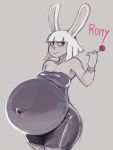  2018 belly big_belly black_clothing black_dress bracelet breasts candy character_name cleavage clothed clothing dress female food freckles grey_background hair hi_res jewelry lagomorph leporid lollipop mammal medium_breasts navel outie_navel pink_text pregnant rabbit romy_(susfishous) short_hair simple_background sketch smile solo strapless_dress sucker_(candy) susfishous text tight_dress white_hair 
