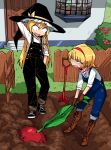  2girls adapted_costume alice_margatroid arm_behind_head backyard black_footwear black_headwear black_overalls blonde_hair boots braid brown_footwear brown_gloves bush cross-laced_footwear dirt dirty_footwear door flower food fruit garden gardening gloves grass hair_between_eyes hairband hand_in_pocket hat kirisame_marisa knee_boots lace-up_boots looking_at_another multiple_girls neckerchief outdoors overalls pants pants_rolled_up pulling red_hairband red_neckwear shimizu_pem shirt short_hair shovel sleeves_rolled_up standing touhou v-shaped_eyebrows white_shirt window witch_hat 