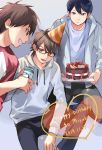  3boys :d ace_of_diamond black_hair black_pants brown_eyes brown_hair cake character_name dated food furuya_satoru glasses happy_birthday hat heart hood hoodie kneeling long_sleeves looking_at_another male_focus miyuki_kazuya multiple_boys open_mouth pants party_hat sawamura_eijun shellw_(jammmmmmmu) shirt smile standing white_shirt 