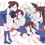  6+girls absurdres arm_around_shoulder blue_eyes blush brown_hair clone closed_mouth diana_cavendish embarrassed english_text hand_on_another&#039;s_shoulder happy harem highres jacksou kagari_atsuko legs little_witch_academia long_hair looking_at_another luna_nova_school_uniform lying_on_lap multicolored_hair multiple_girls open_mouth red_eyes school_uniform shorts skirt smile socks talking thighs translation_request two-tone_hair uniform wavy_hair wavy_mouth 
