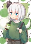  1girl absurdres adapted_costume bangs belt belt_buckle black_ribbon blush bob_cut buckle closed_mouth cup disposable_cup eyebrows_visible_through_hair fingernails frills green_nails green_sweater hair_ribbon highres holding holding_cup konpaku_youmu konpaku_youmu_(ghost) long_fingernails long_sleeves multicolored multicolored_background nail_polish plaid puffy_long_sleeves puffy_sleeves ribbon short_hair silver_hair sleeves_past_wrists smile solo star suguharu86 sweater touhou upper_body 