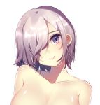  1girl breasts closed_mouth collarbone commentary fate/grand_order fate_(series) hair_over_one_eye head_tilt itsuki_(yishu) looking_at_viewer mash_kyrielight medium_breasts nude out-of-frame_censoring pink_hair purple_eyes short_hair simple_background smile solo symbol_commentary upper_body white_background 